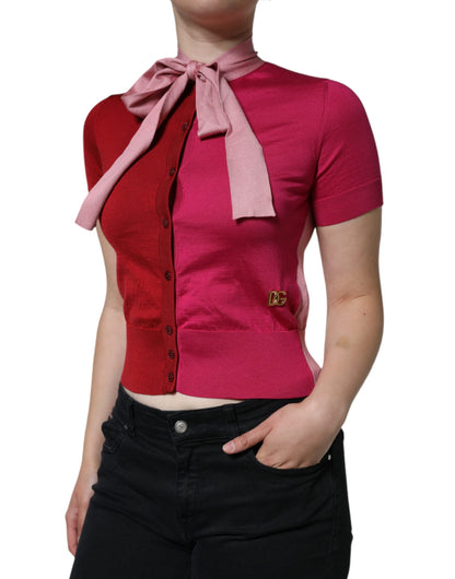 Dolce & Gabbana Pink Short Sleeves Pullover Ascot Collar Top by Dolce & Gabbana