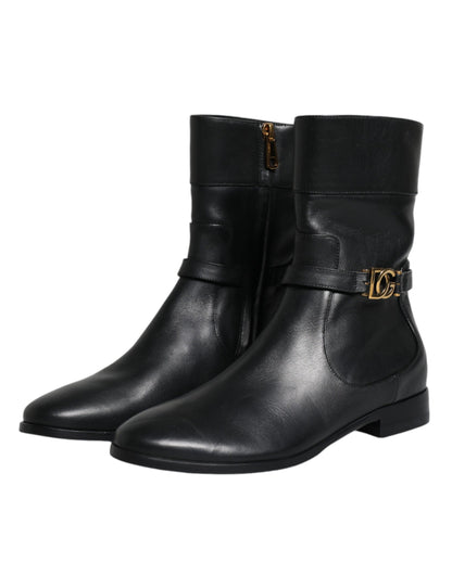 Bottes mi-mollet en cuir noir avec logo Dolce &amp; Gabbana