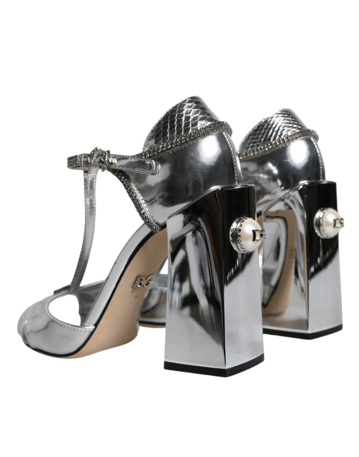Dolce & Gabbana Silver Leather T-strap Heels Sandals Shoes by Dolce & Gabbana