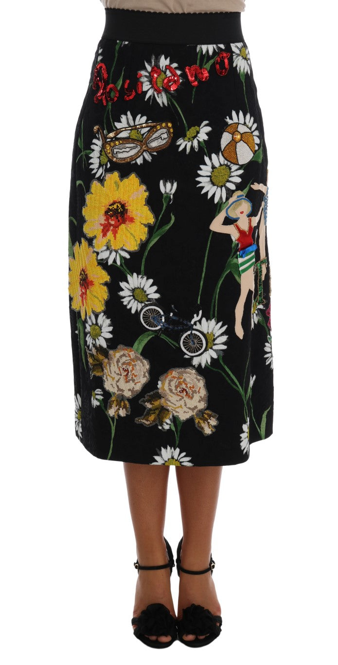 Dolce &amp; Gabbana Black Embellished Daisy Brocade Skirt