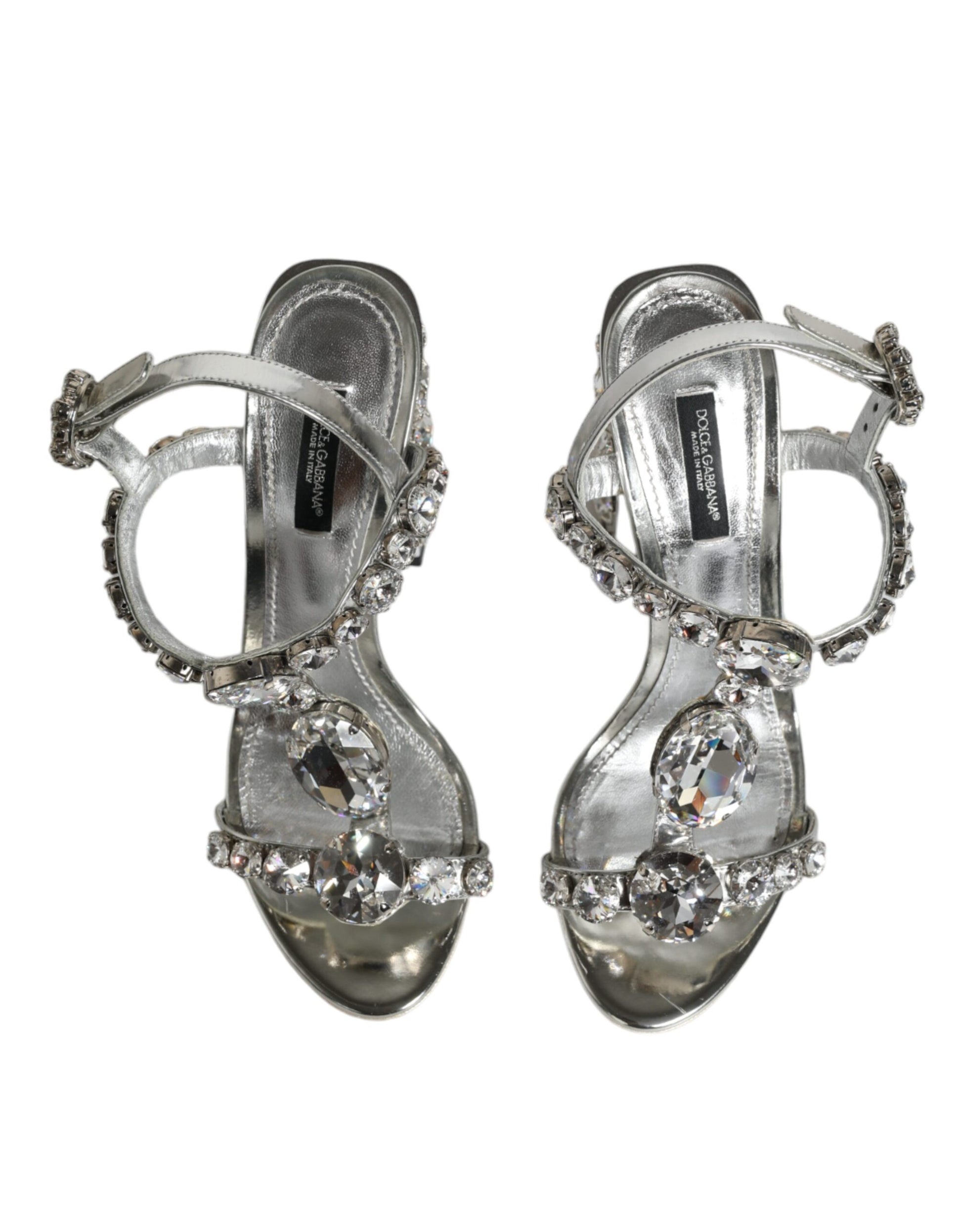 Dolce & Gabbana Silver Leather T-strap Crystal Sandals Shoes by Dolce & Gabbana