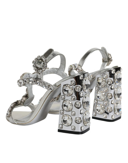 Dolce & Gabbana Silver Leather T-strap Crystal Sandals Shoes by Dolce & Gabbana