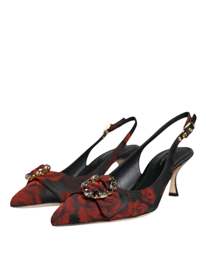 Dolce & Gabbana Black Red Floral Crystal Heel Slingback Shoes by Dolce & Gabbana