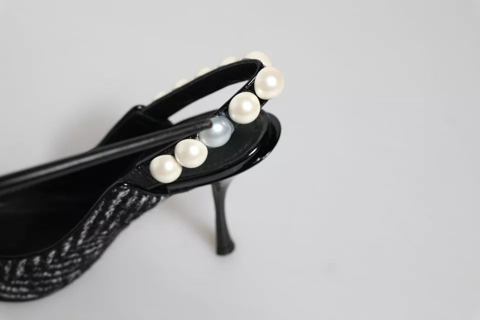 Dolce & Gabbana White Black Chevron Faux Pearl Slingback Shoes by Dolce & Gabbana