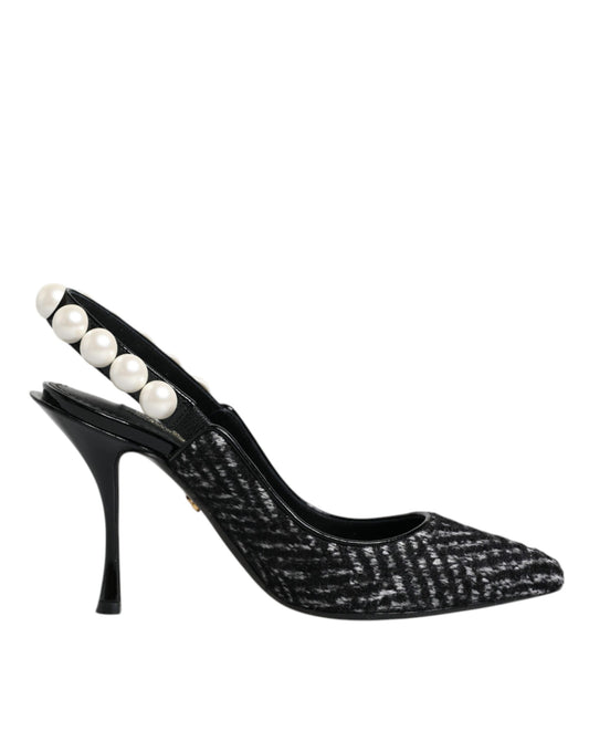 Dolce & Gabbana White Black Chevron Faux Pearl Slingback Shoes by Dolce & Gabbana