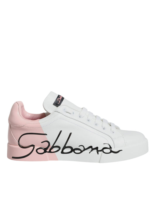 Dolce & Gabbana White Pink Portofino Low Top Sneakers Shoes by Dolce & Gabbana