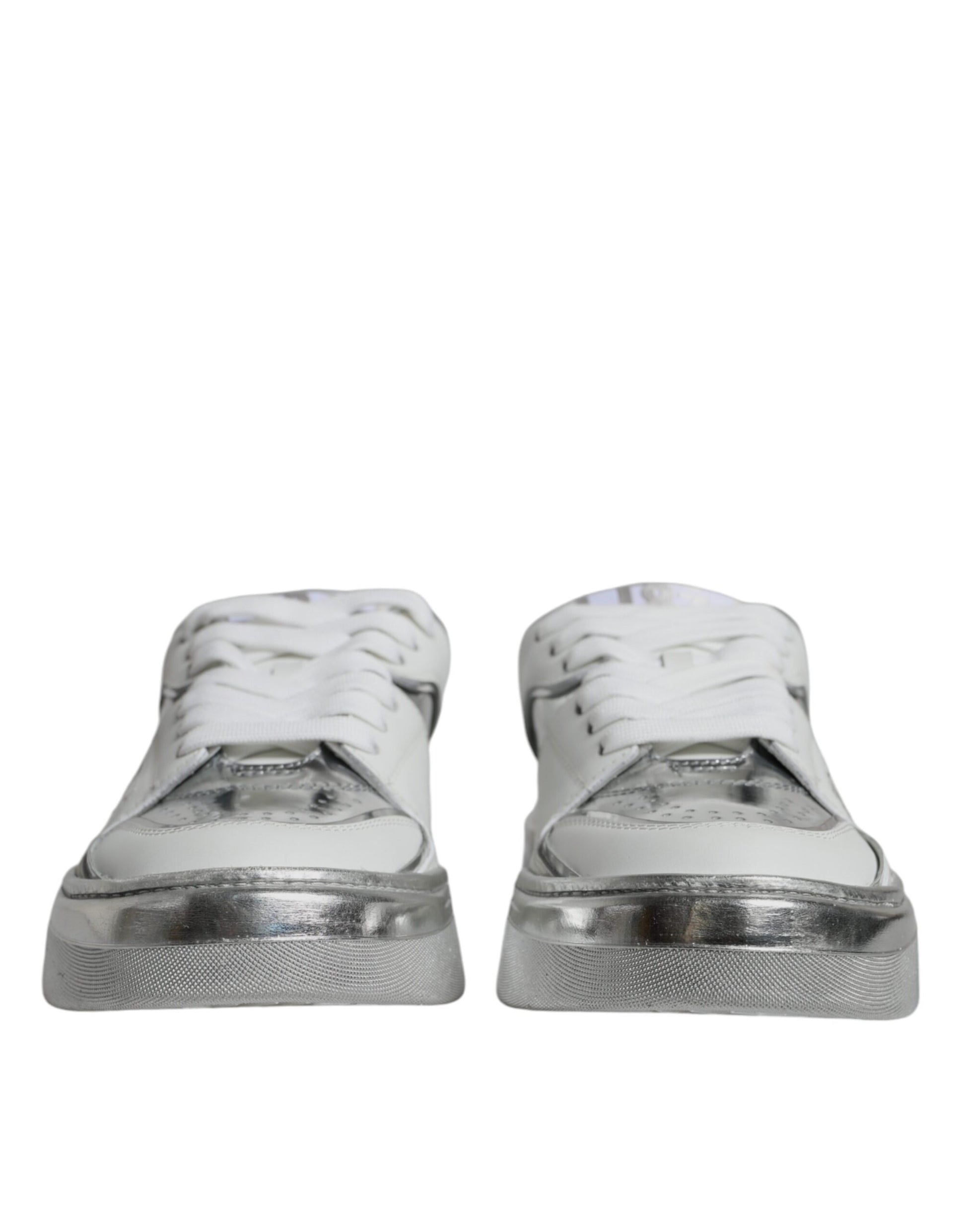 Dolce & Gabbana White Silver Leather Low Top Sneakers Shoes by Dolce & Gabbana
