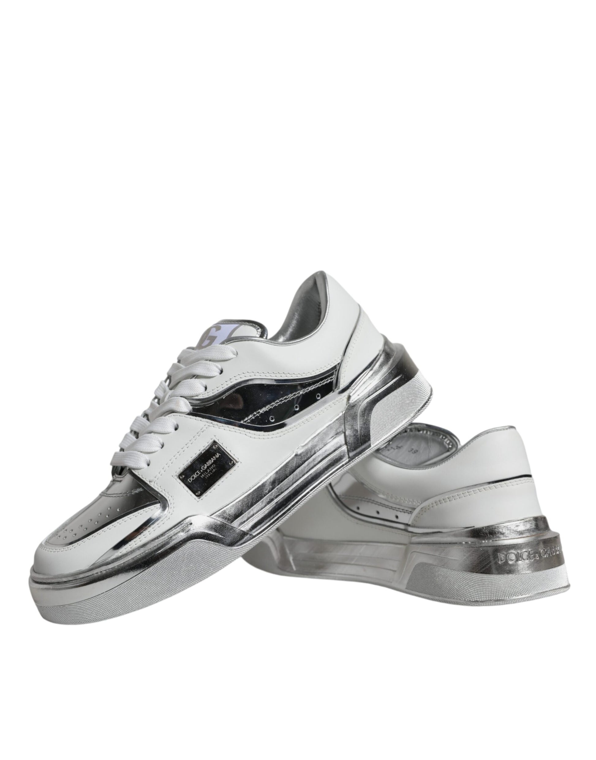 Dolce & Gabbana White Silver Leather Low Top Sneakers Shoes by Dolce & Gabbana