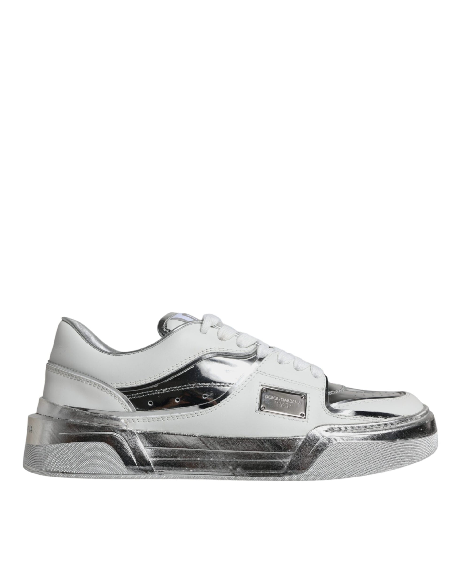 Dolce & Gabbana White Silver Leather Low Top Sneakers Shoes by Dolce & Gabbana