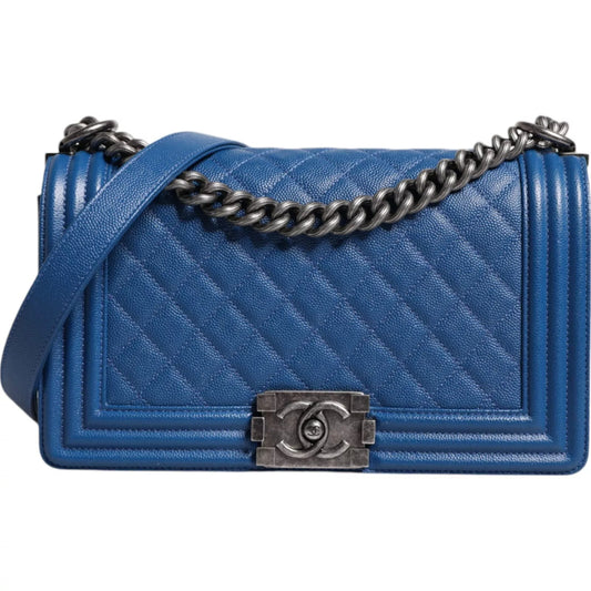 Sac à bandoulière Chanel moyen en cuir d'agneau bleu à double chaîne