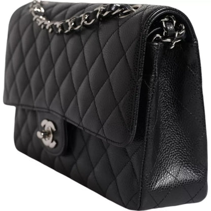 Sac à bandoulière matelassé à double rabat classique noir caviar de taille moyenne de Chanel
