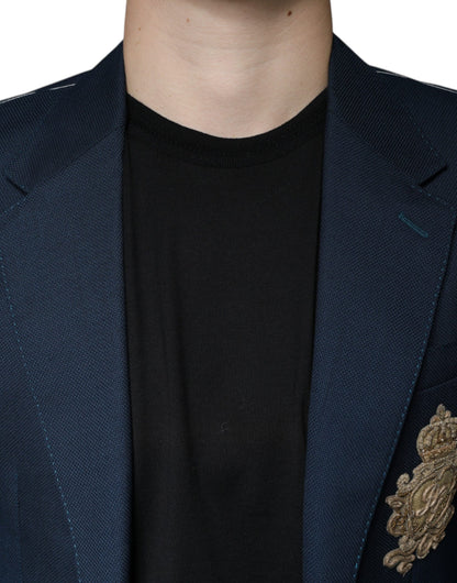 Blazer simple boutonnage en laine bleue avec logo Dolce &amp; Gabbana