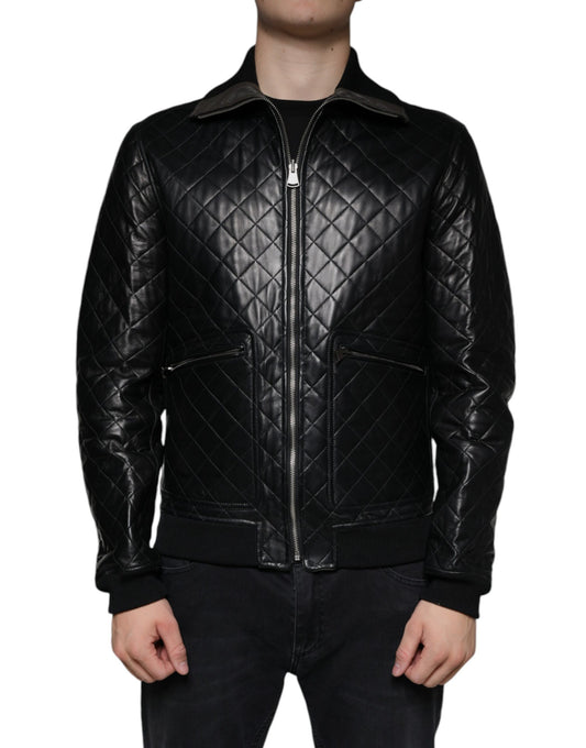 Dolce & Gabbana Black Calf Leather Quilted Full Zip Jacket by Dolce & Gabbana