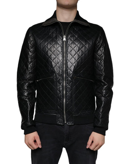 Dolce & Gabbana Black Calf Leather Quilted Full Zip Jacket by Dolce & Gabbana