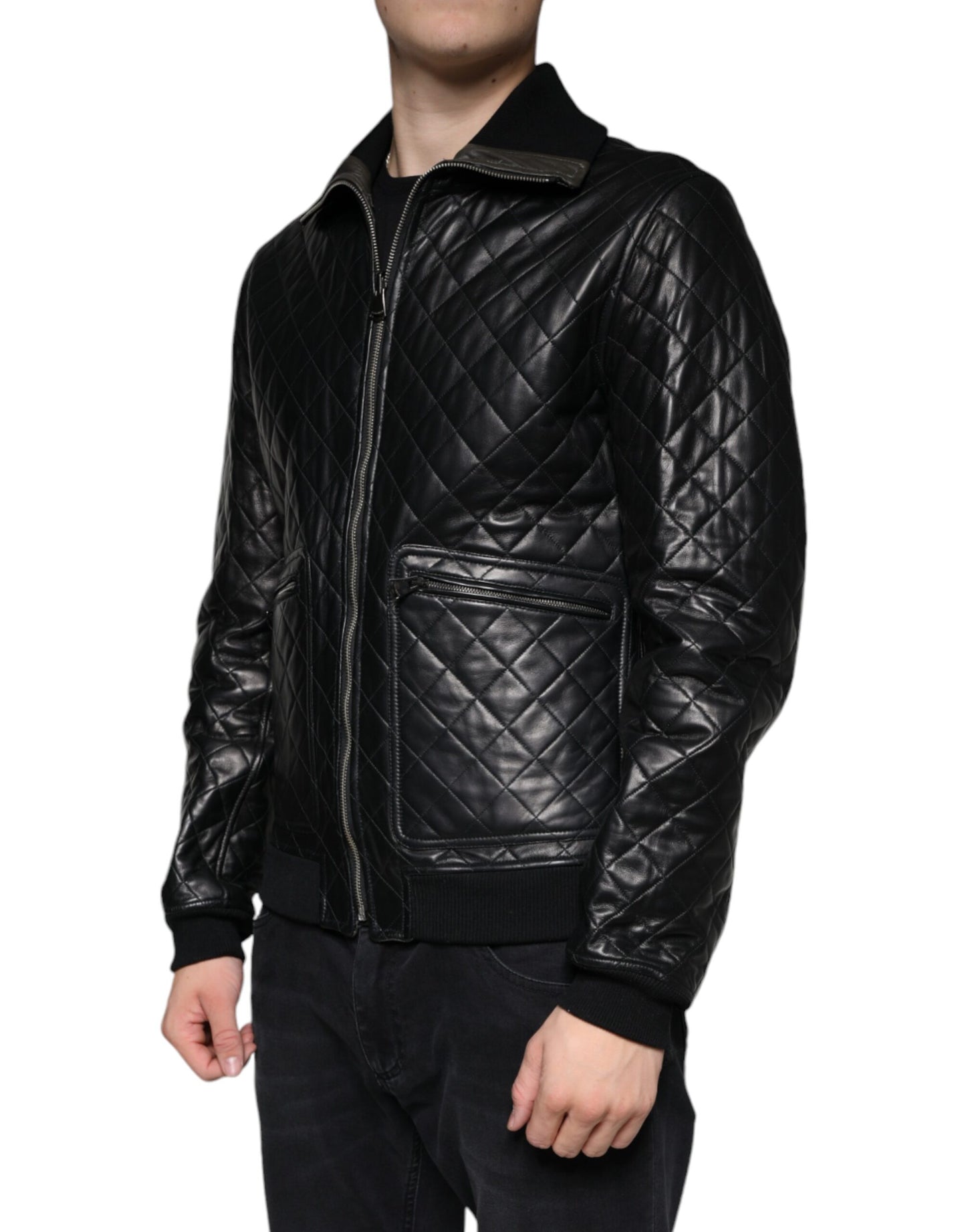 Dolce & Gabbana Black Calf Leather Quilted Full Zip Jacket by Dolce & Gabbana