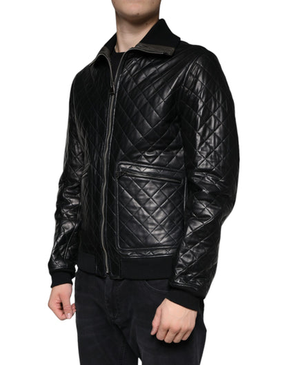 Dolce & Gabbana Black Calf Leather Quilted Full Zip Jacket by Dolce & Gabbana