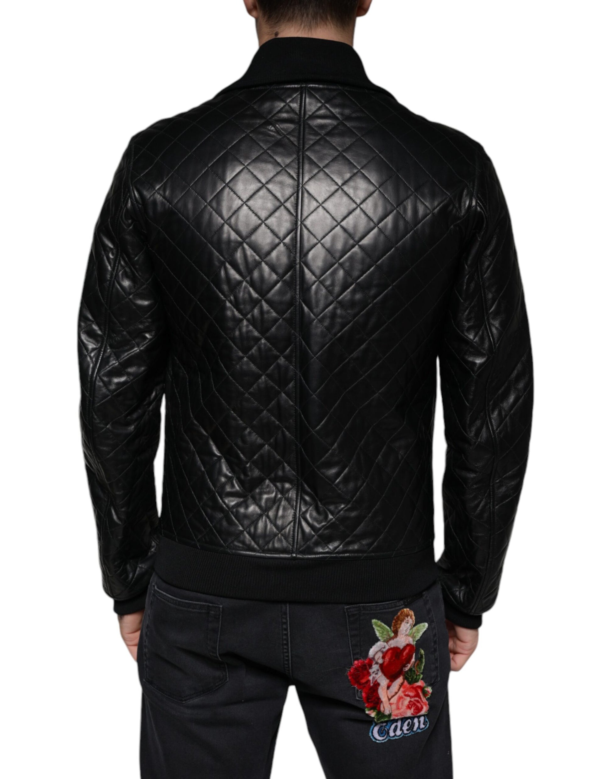 Dolce & Gabbana Black Calf Leather Quilted Full Zip Jacket by Dolce & Gabbana