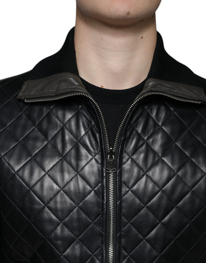 Dolce & Gabbana Black Calf Leather Quilted Full Zip Jacket by Dolce & Gabbana