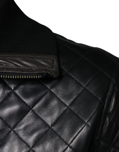 Dolce & Gabbana Black Calf Leather Quilted Full Zip Jacket by Dolce & Gabbana