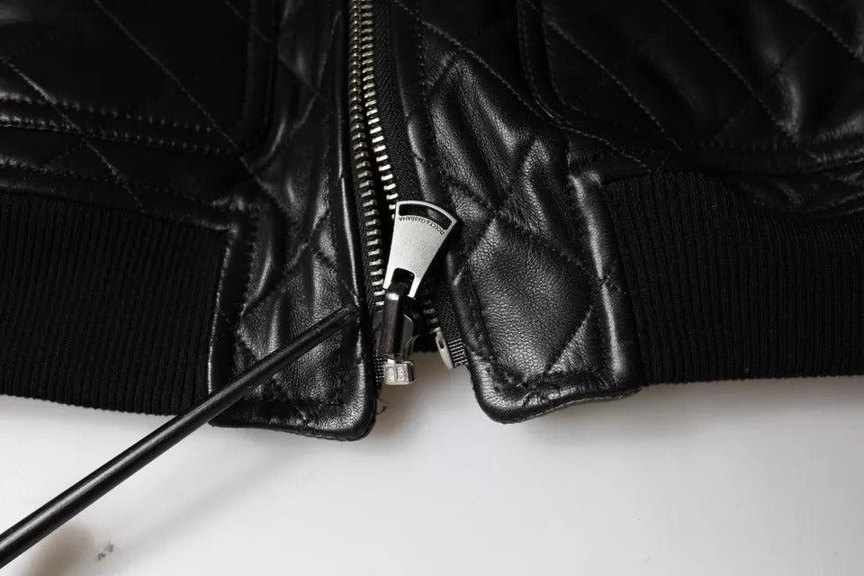 Dolce & Gabbana Black Calf Leather Quilted Full Zip Jacket by Dolce & Gabbana