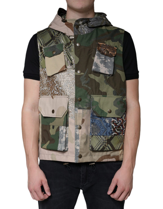Dolce & Gabbana Multicolor Patchwork Hooded Vest Jacket by Dolce & Gabbana