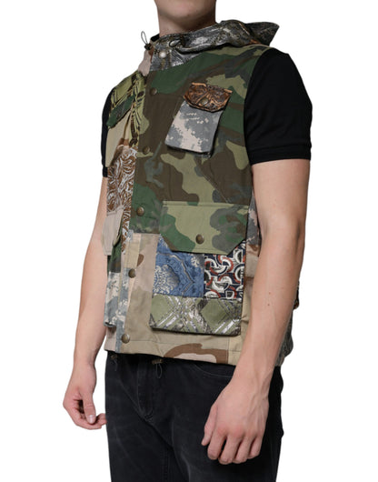 Dolce & Gabbana Multicolor Patchwork Hooded Vest Jacket by Dolce & Gabbana