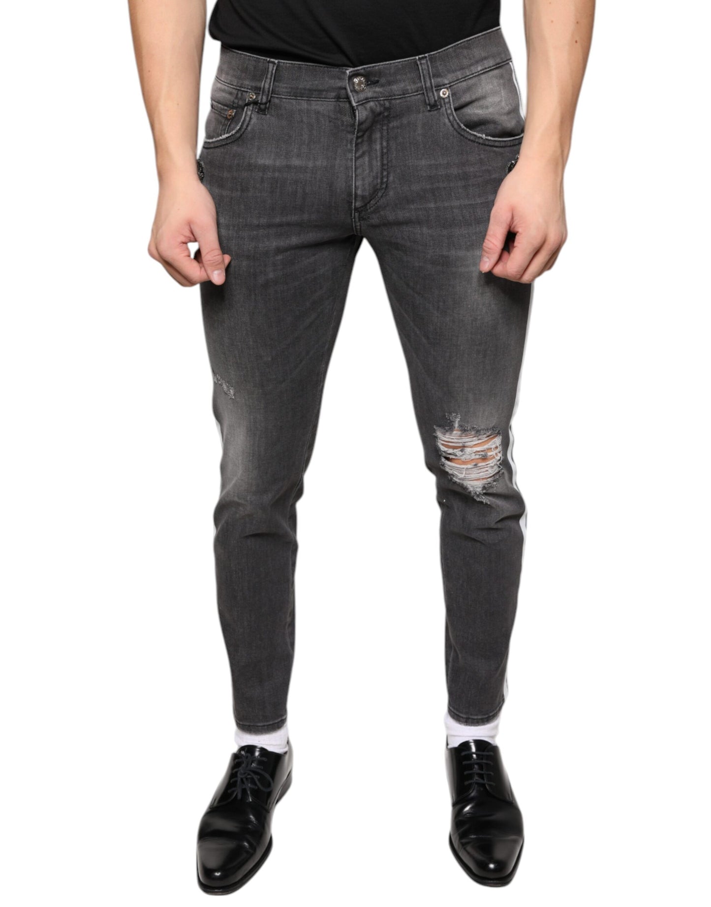 Dolce & Gabbana Black Tattered Cotton Skinny Men Denim Jeans by Dolce & Gabbana