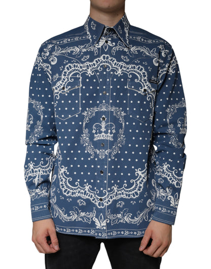 Dolce & Gabbana Blue White Bandana Print Cotton Casual Shirt by Dolce & Gabbana