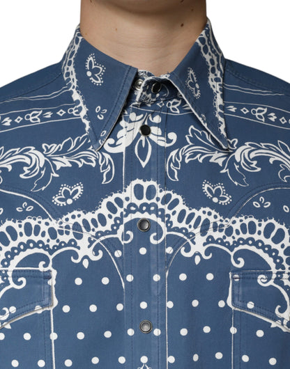 Dolce & Gabbana Blue White Bandana Print Cotton Casual Shirt by Dolce & Gabbana