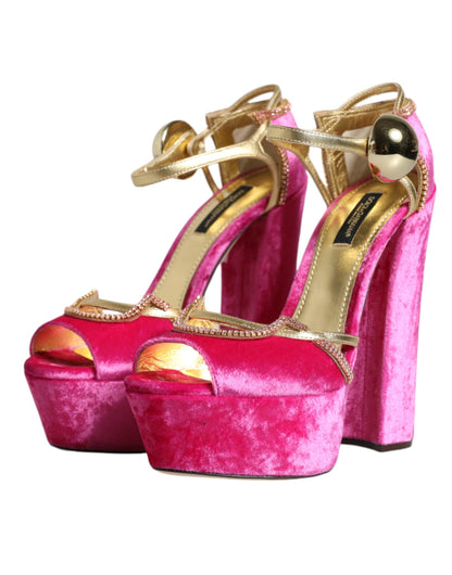 Dolce & Gabbana Pink Velvet Platform Ankle Strap Heel Sandals Shoes by Dolce & Gabbana