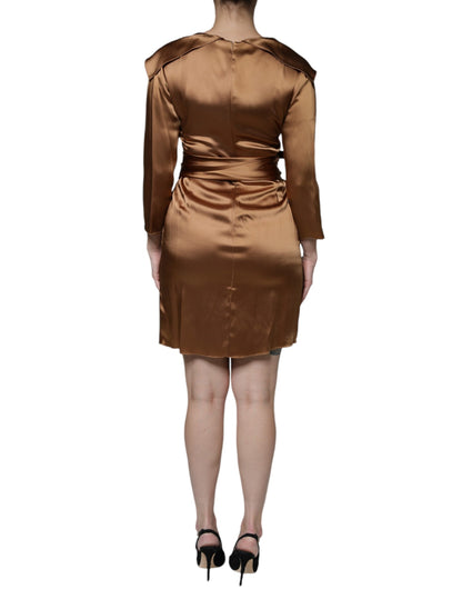Emporio Armani Brown Satin Long Sleeves Wrap Sheath Mini Dress by Emporio Armani