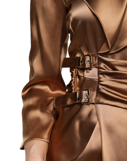 Emporio Armani Brown Satin Long Sleeves Wrap Sheath Mini Dress by Emporio Armani