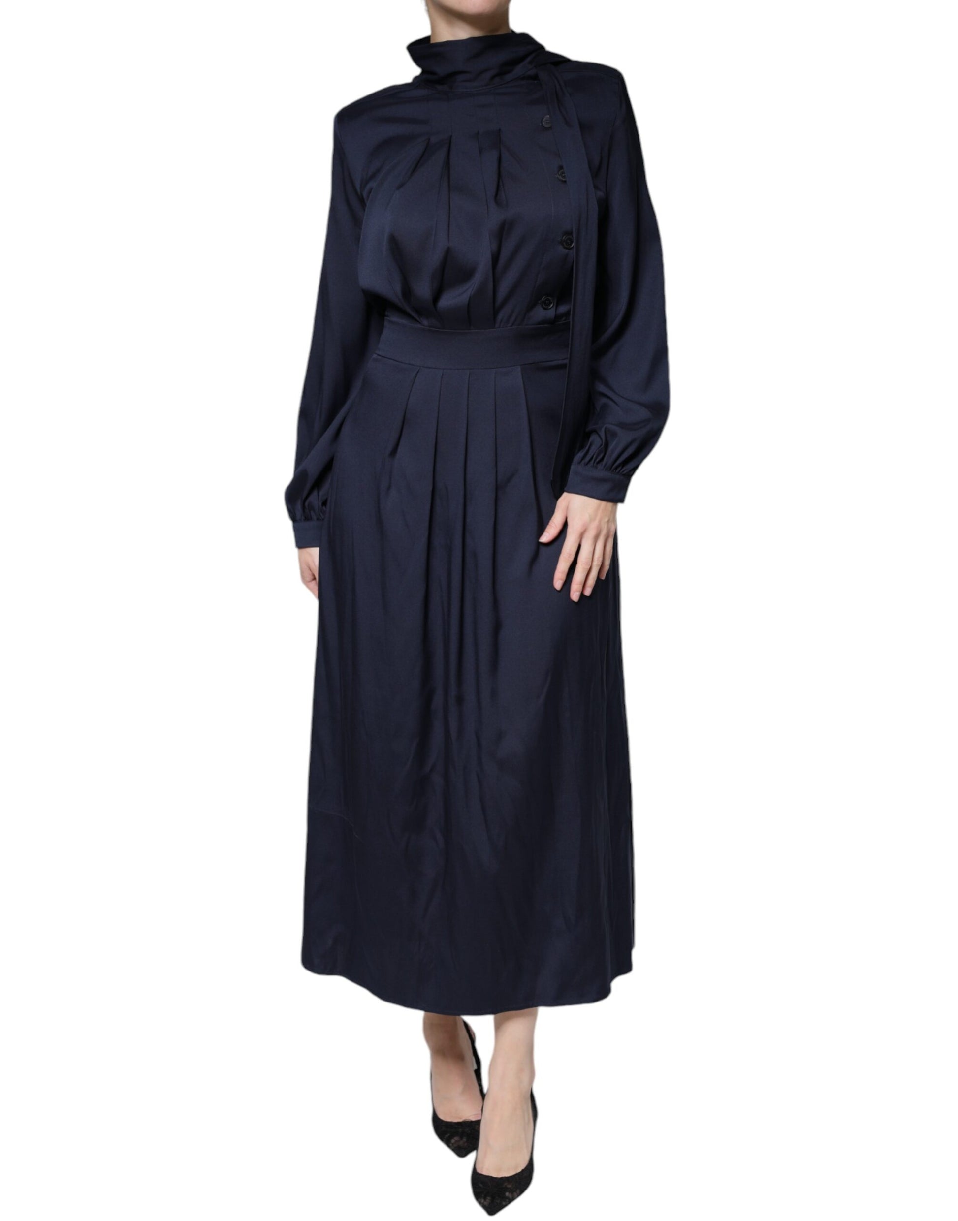 Ballantyne Dark Blue Long Sleeves Pleated A-line Maxi Dress by Ballantyne