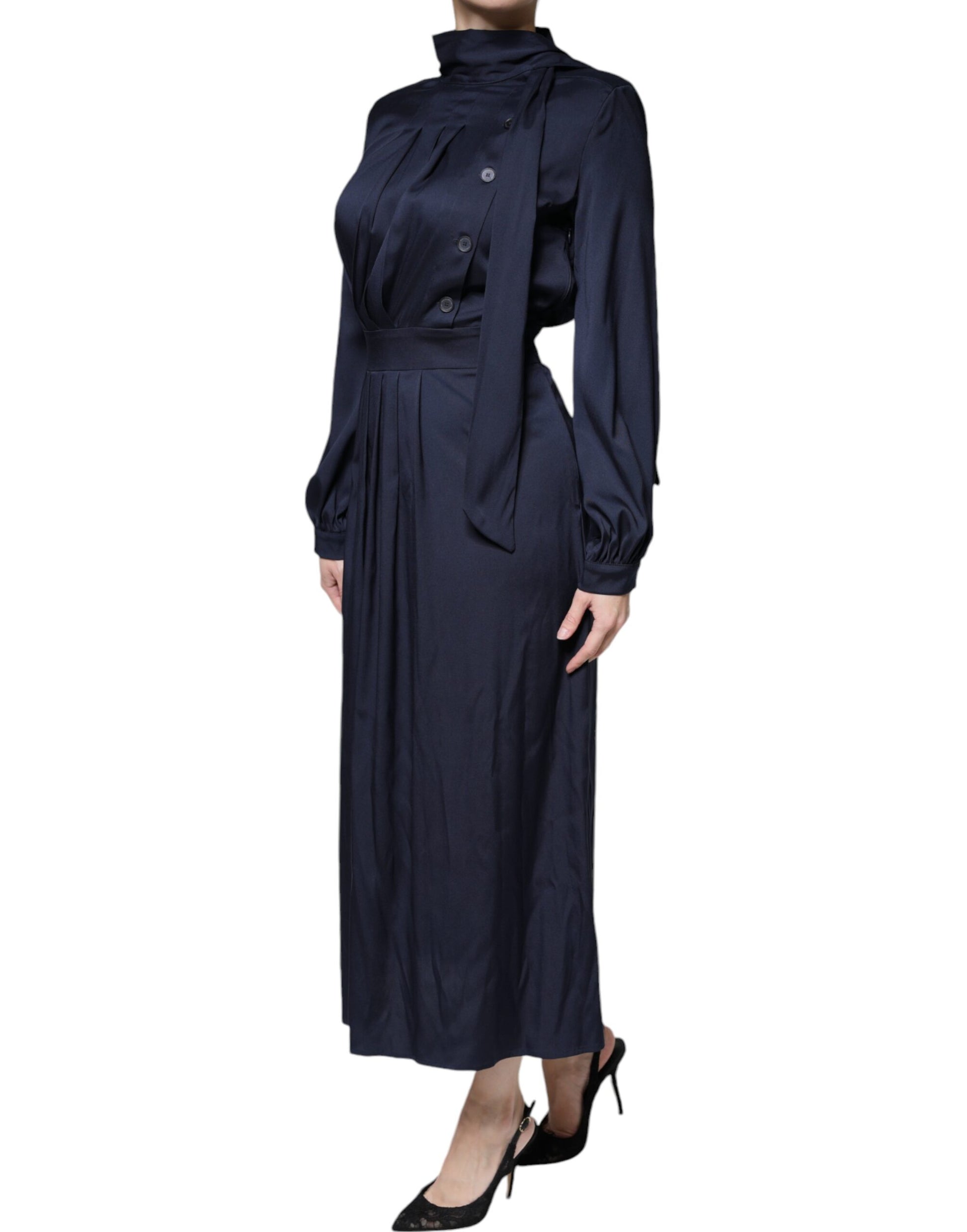 Ballantyne Dark Blue Long Sleeves Pleated A-line Maxi Dress by Ballantyne