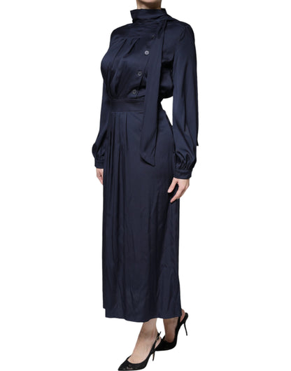Ballantyne Dark Blue Long Sleeves Pleated A-line Maxi Dress by Ballantyne