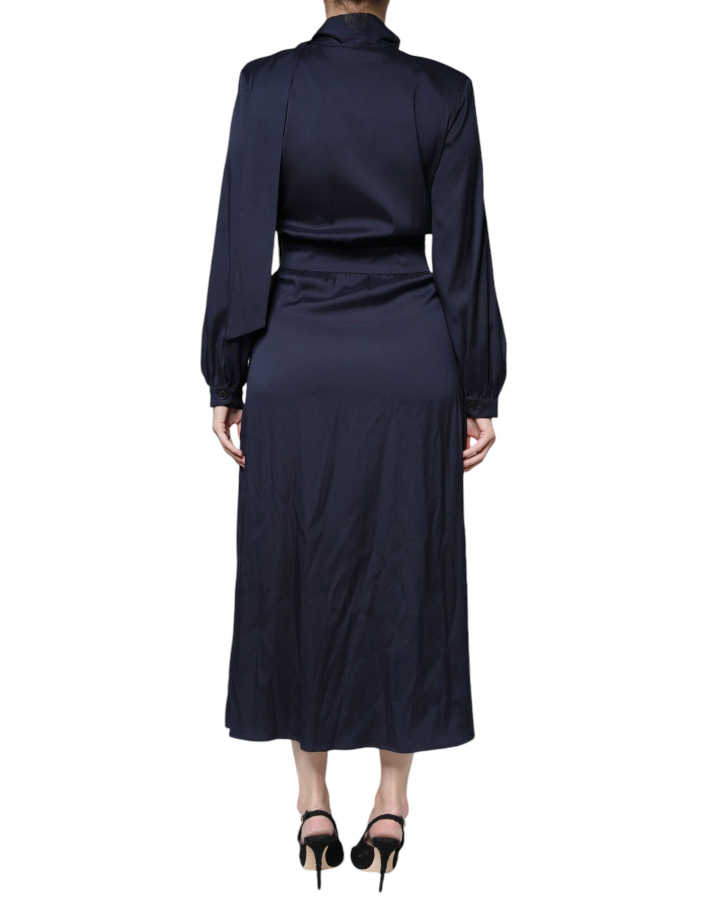 Ballantyne Dark Blue Long Sleeves Pleated A-line Maxi Dress by Ballantyne