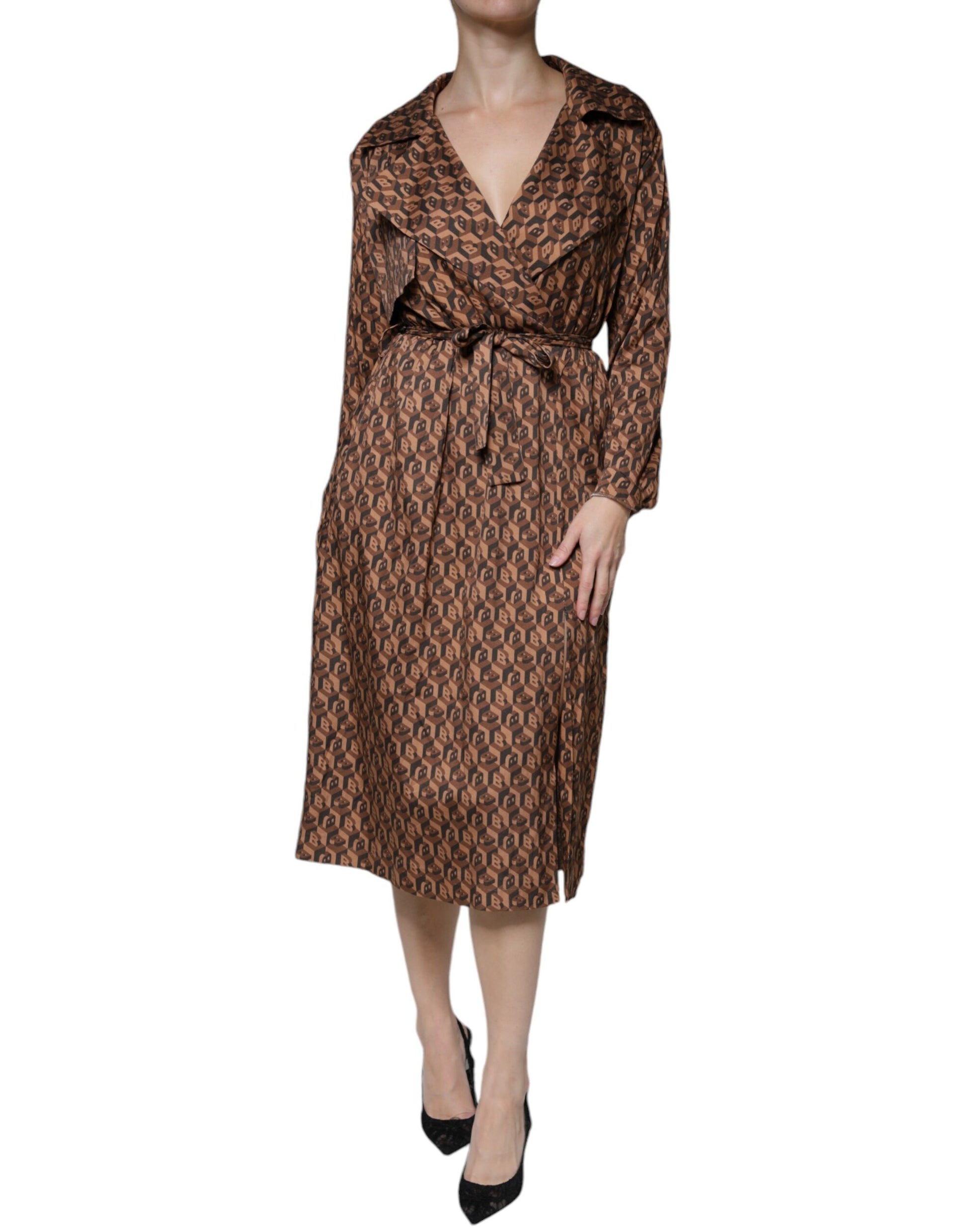 Ballantyne Brown Printed Long Sleeves V-neck Wrap Midi Dress by Ballantyne