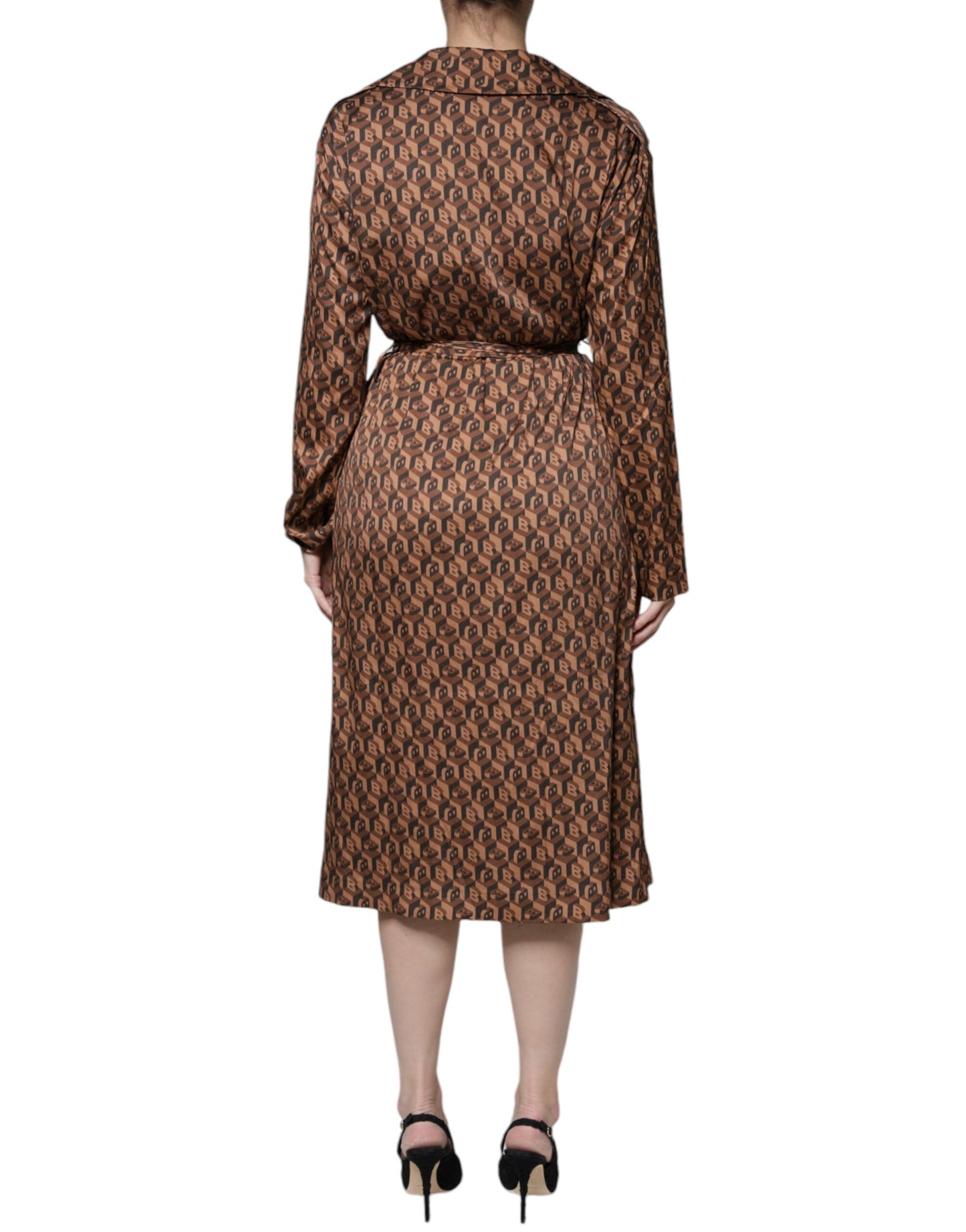 Ballantyne Brown Printed Long Sleeves V-neck Wrap Midi Dress by Ballantyne