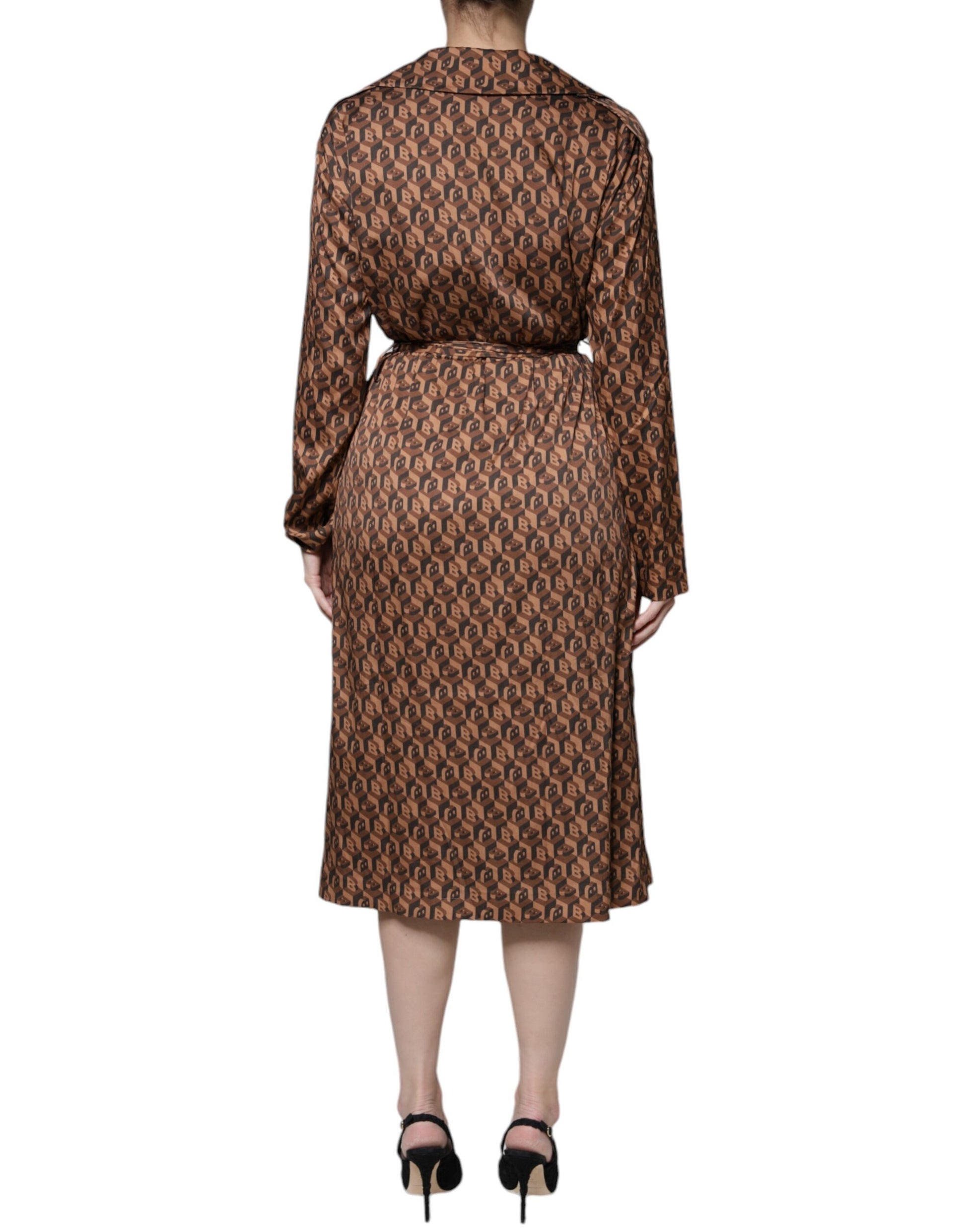 Ballantyne Brown Printed Long Sleeves V-neck Wrap Midi Dress by Ballantyne