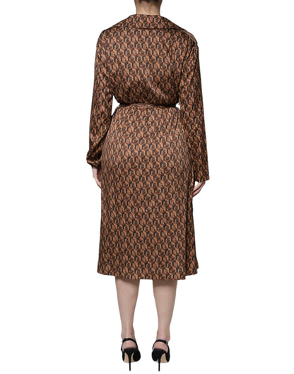 Ballantyne Brown Printed Long Sleeves V-neck Wrap Midi Dress by Ballantyne
