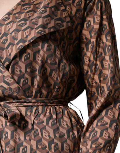 Ballantyne Brown Printed Long Sleeves V-neck Wrap Midi Dress by Ballantyne