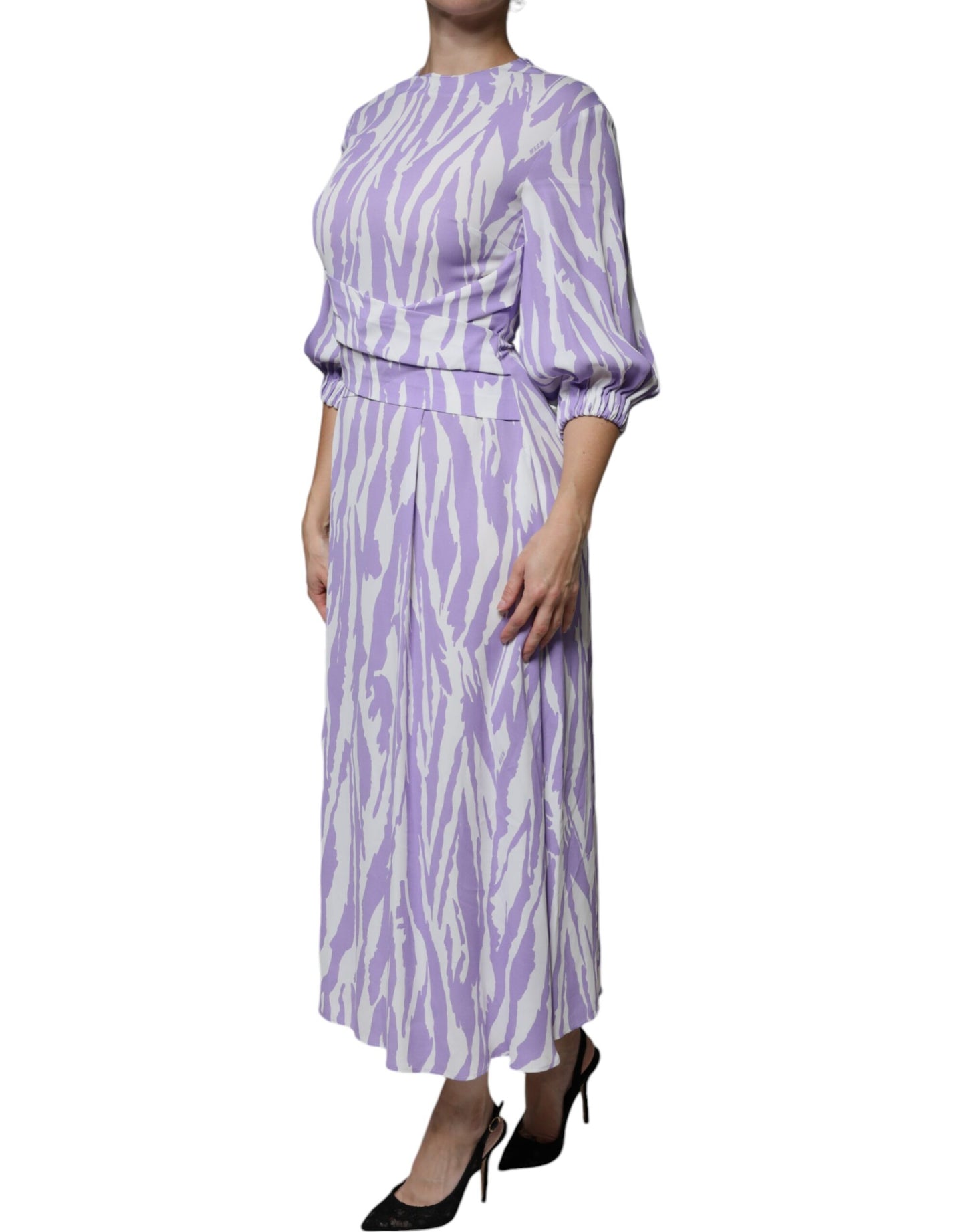 MSGM White Purple Patterned Viscose Short Sleeves Maxi Dress by MSGM