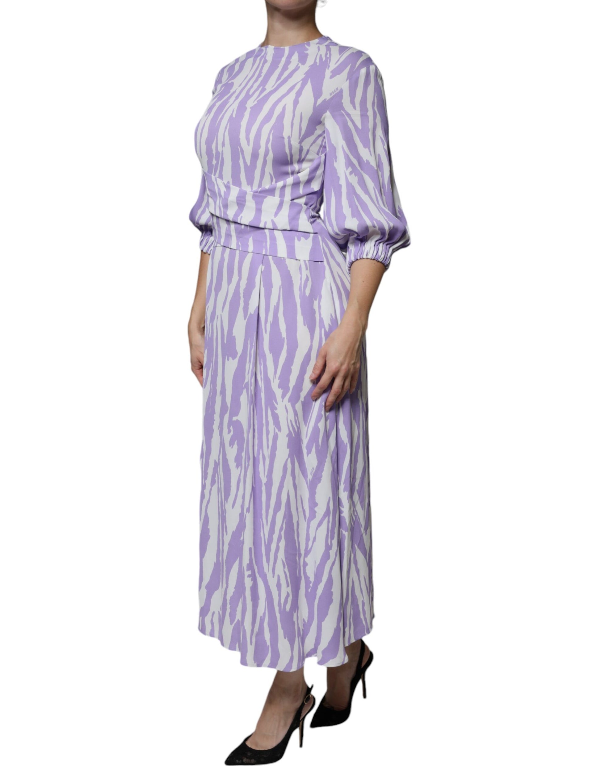 MSGM White Purple Patterned Viscose Short Sleeves Maxi Dress by MSGM