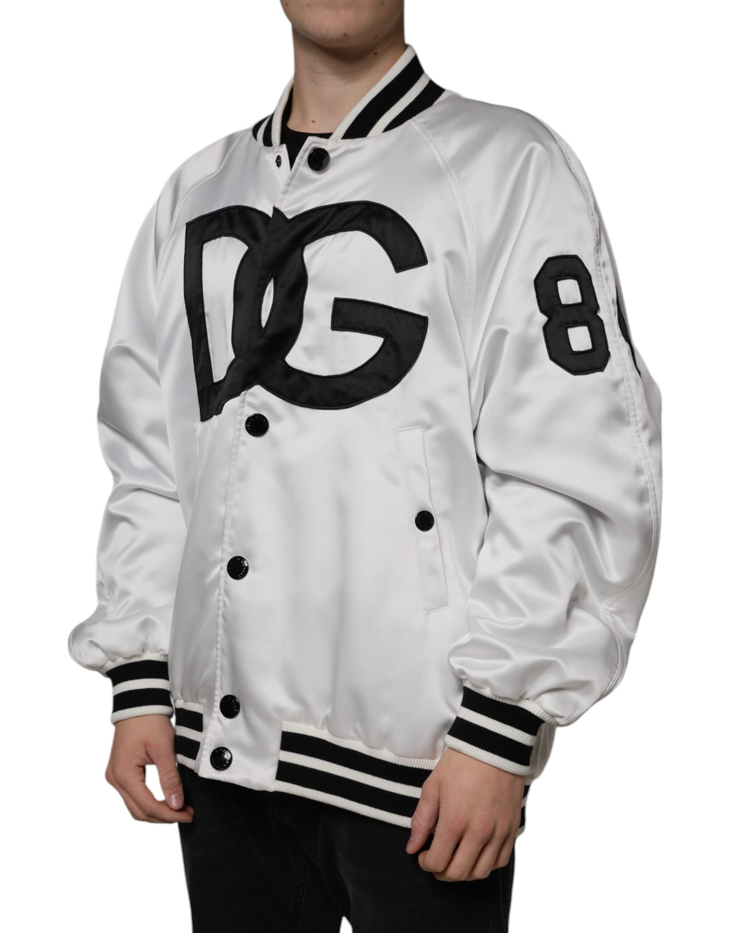 Dolce & Gabbana White Polyester Logo Full Zip Bomber Jacket by Dolce & Gabbana