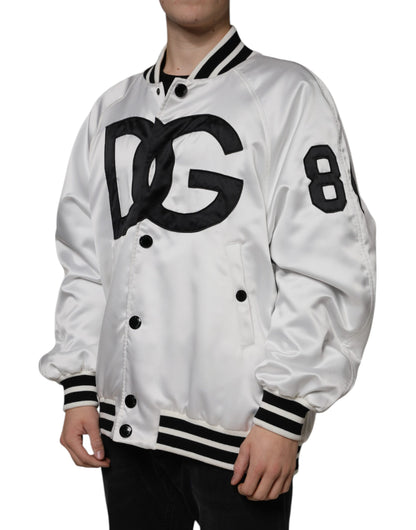 Dolce & Gabbana White Polyester Logo Full Zip Bomber Jacket by Dolce & Gabbana