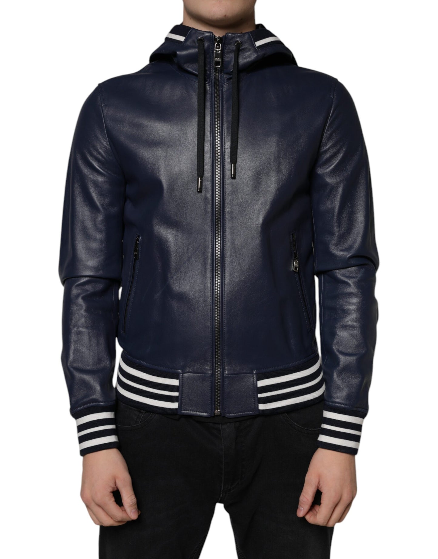 Dolce & Gabbana Blue Leather Full Zip Hooded Bomber Jacket by Dolce & Gabbana