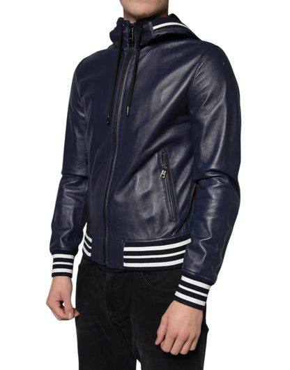 Dolce & Gabbana Blue Leather Full Zip Hooded Bomber Jacket by Dolce & Gabbana