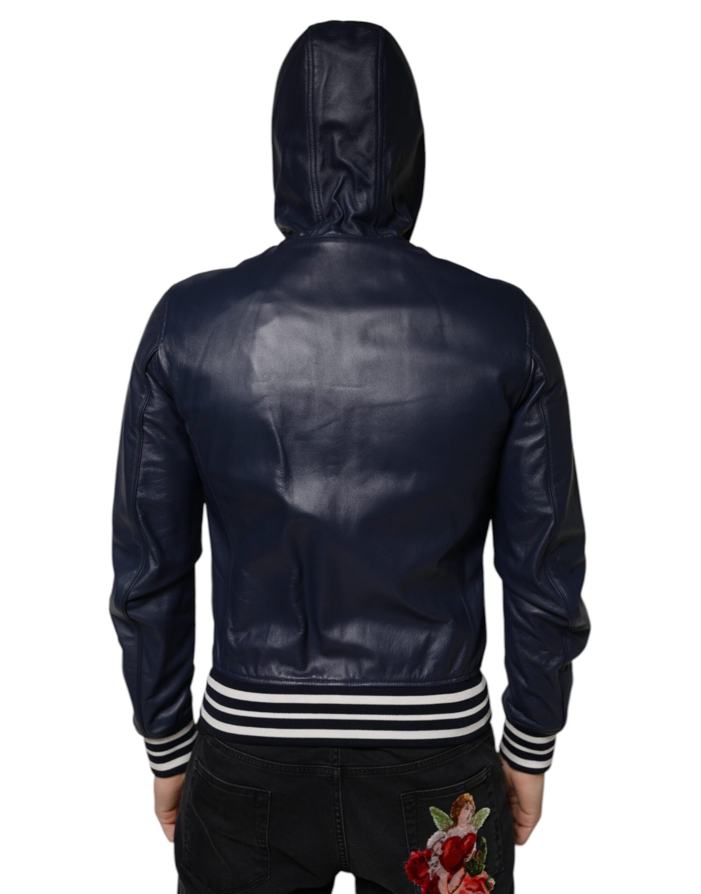 Dolce & Gabbana Blue Leather Full Zip Hooded Bomber Jacket by Dolce & Gabbana