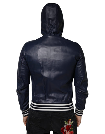 Dolce & Gabbana Blue Leather Full Zip Hooded Bomber Jacket by Dolce & Gabbana