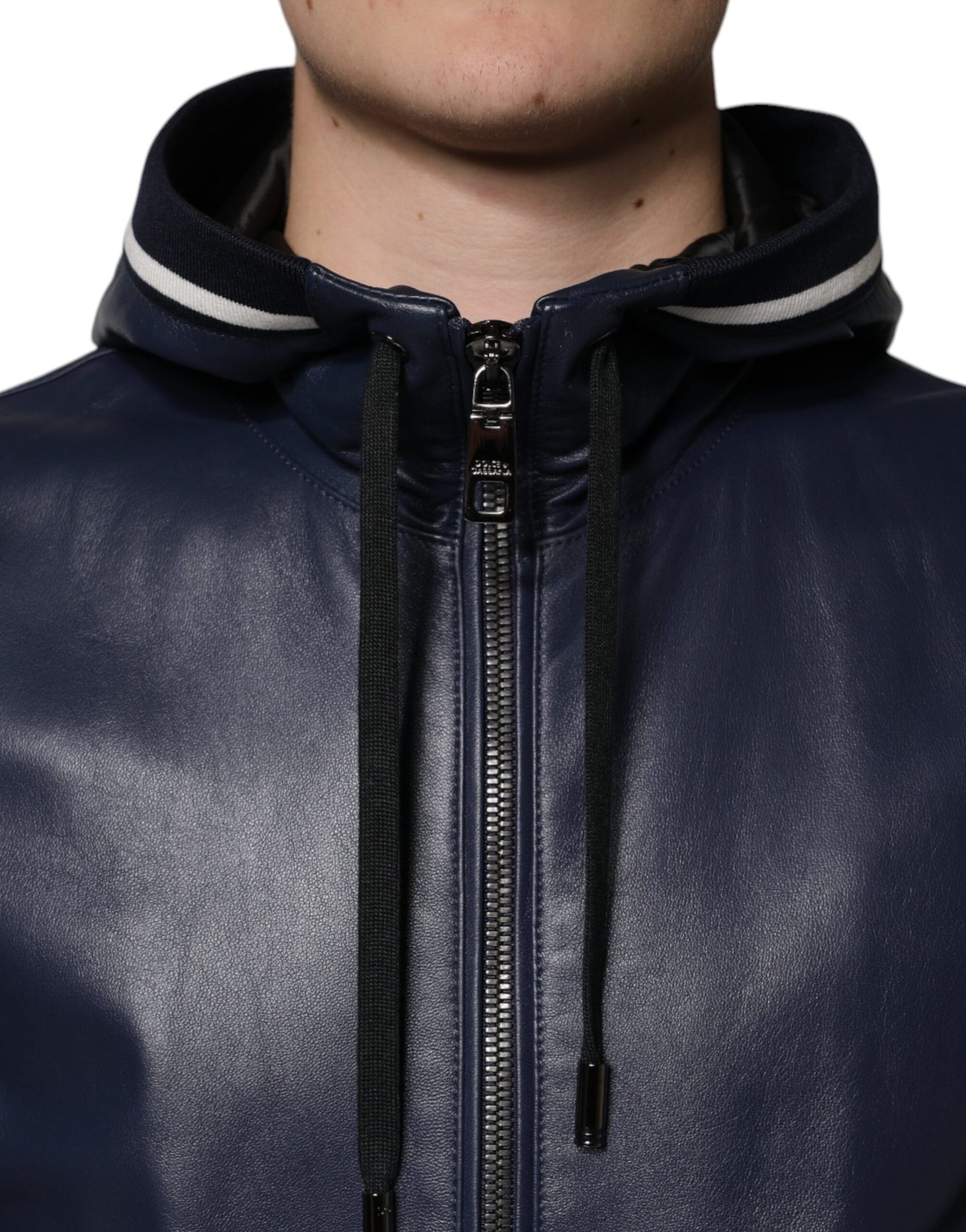 Dolce & Gabbana Blue Leather Full Zip Hooded Bomber Jacket by Dolce & Gabbana